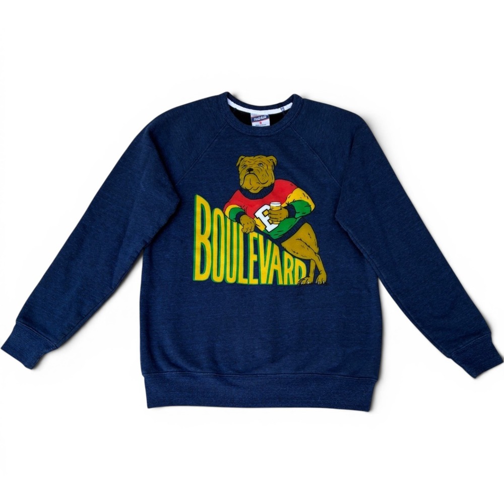 Charlie Hustle Boulevard Brewing Co Bulldog Sweatshirt Navy Blue Fleece Small